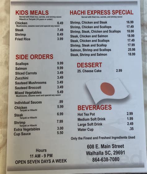 Hachi express - Hachi Express Japanese Grille. (864) 885-2221. We make ordering easy. Learn more. 100 Oconee Square Drive, Seneca, SC 29678. No cuisines specified. …